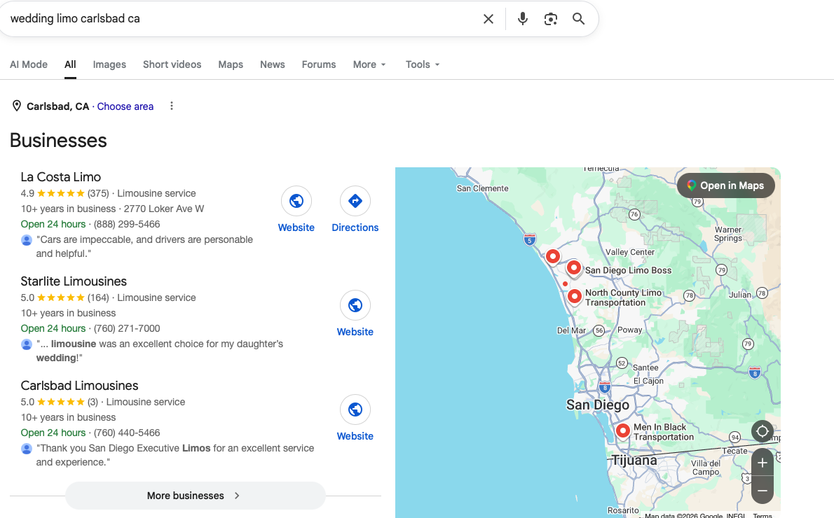 Google search results for “wedding limo carlsbad ca” showing La Costa Limo listed first in the local business pack, above Starlite Limousines and Carlsbad Limousines.