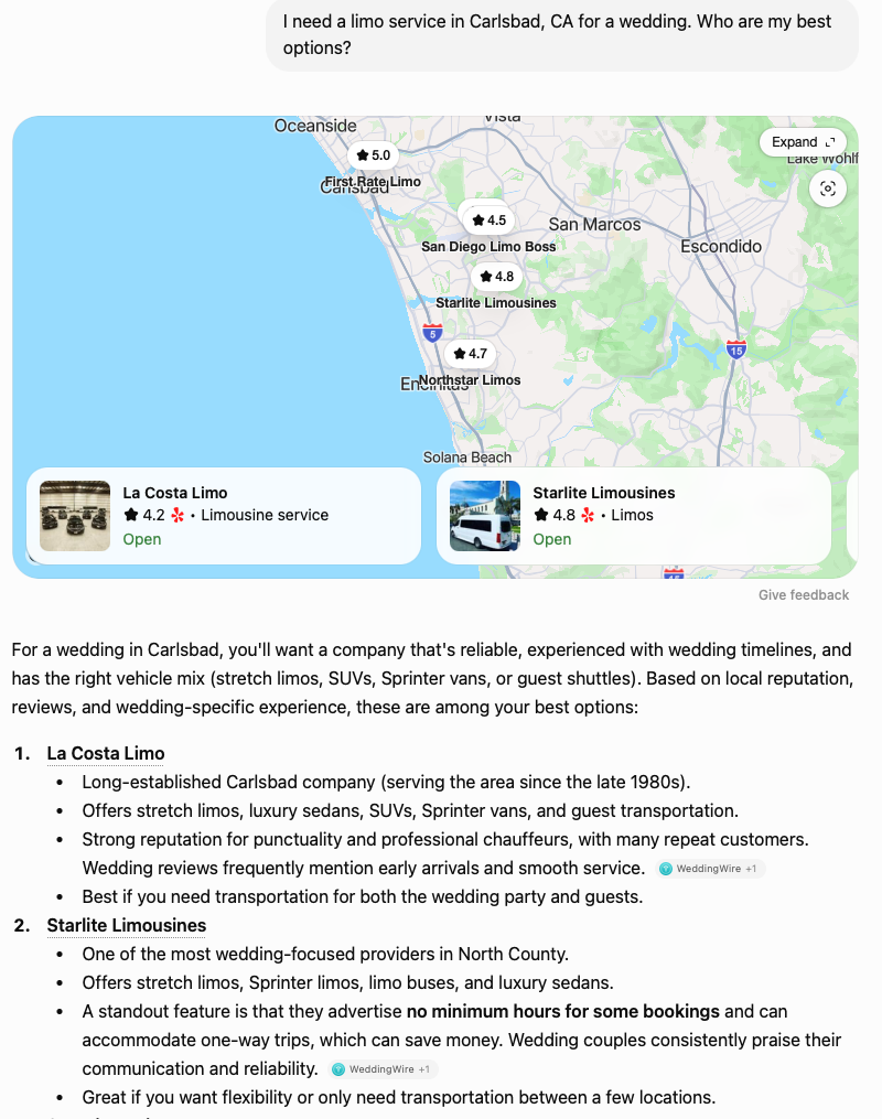 ChatGPT answering “I need a limo service in Carlsbad, CA for a wedding. Who are my best options?” with a map and a ranked list naming La Costa Limo first, citing third-party review sites.