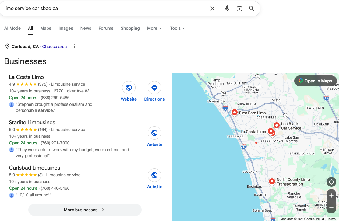 Google search results for “limo service carlsbad ca” showing La Costa Limo listed first in the local business pack, above Starlite Limousines and Carlsbad Limousines, next to a map of North County San Diego.