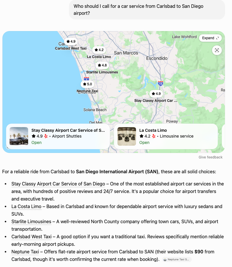 ChatGPT answering “Who should I call for a car service from Carlsbad to San Diego airport?” with a map and a list of providers that includes La Costa Limo, citing third-party sources.